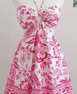 Soleia Vestido casual de férias feminino com estampa retrô floral azul e branca, decote em laço, recortado na cintura, M R$ 59,96 Shein Regular · Poliéster · Estampas