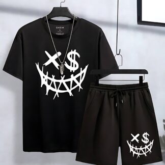 Kit Camiseta Masculina e short Moletom Smile Streetwear T-shirt Kit Shorts Camisa Style