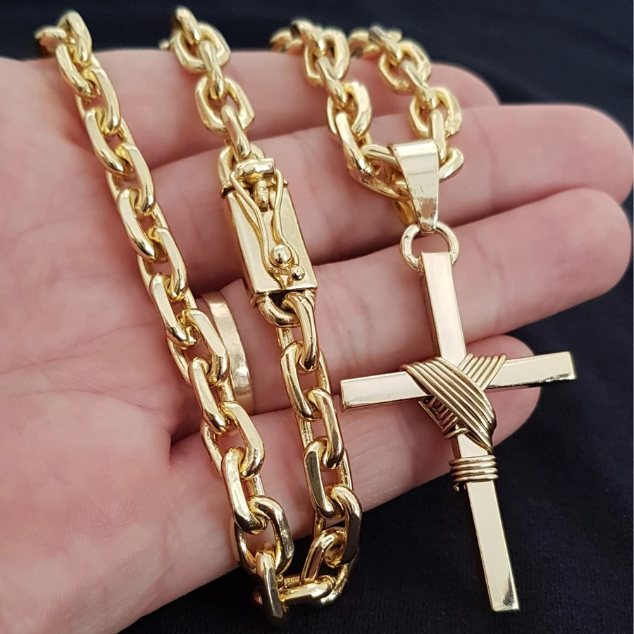 Corrente 8mm 70cm Cruz Banhado Ouro